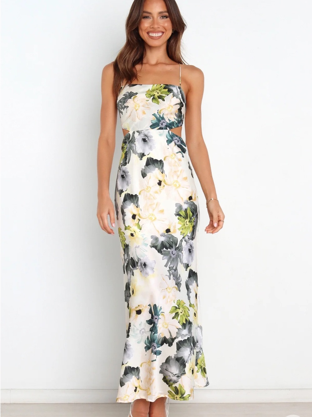 Petal & Pup Jayne Floral Satin Maxi Dress in White, Cream, Green and Gray